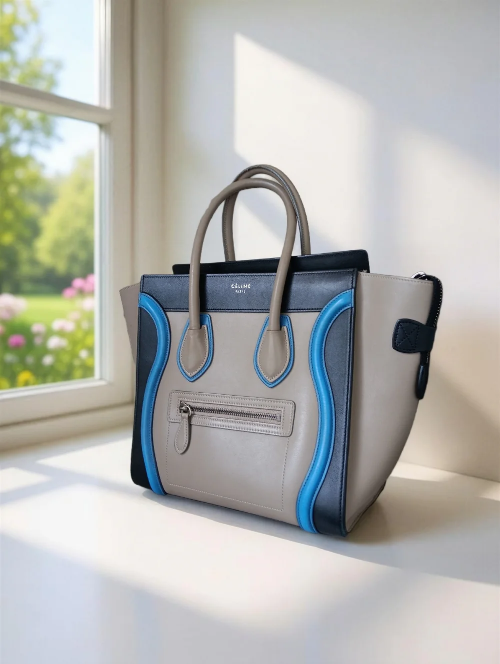 Celine Micro Luggage Tote Tricolor Leather Beige Blue Black Italy ✨ EUC - Picture 5 of 15